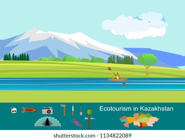 Eco tourism, rafting sport in the rivers of Kazakhstan vector illustration. Active life style, Extreme sports