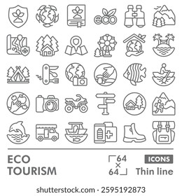 Eco tourism symbols collection or sketches, ecology theme in line style signs for web and app. Vector graphics isolated on white background