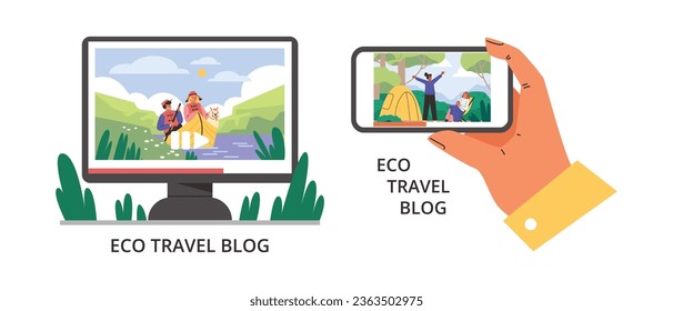 Eco tourism, travel blog in wild nature. People with dog sail on boat, enjoy lake views in sunny day. Women enjoy relax near the tent. Vector set with mobile application on monitor, smartphone screen