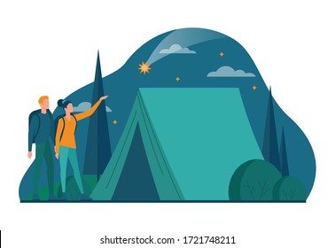 Eco tourism and eco traveling concept. Eco friendly tourism in wild nature, Hicking and canoeing. Tourist with backpack and tent. Vector illustration.