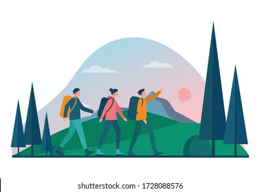 Eco tourism and eco traveling concept. Eco friendly tourism in wild nature, Hicking and canoeing. Tourist with backpack and tent. Vector illustration.