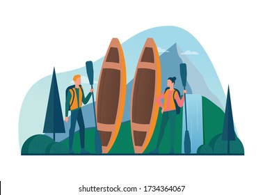 Eco tourism and eco traveling concept. Eco friendly tourism in wild nature, Hicking and canoeing. Tourist with backpack and tent. Vector illustration.