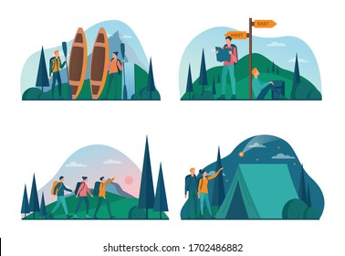 Eco tourism and eco traveling concept set. Eco friendly tourism in wild nature, Hicking and canoeing. Tourist with backpack and tent. Vector illustration.