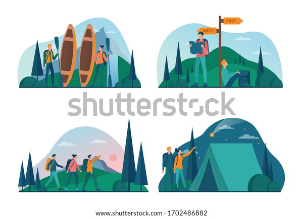 Eco tourism and eco traveling\
concept set. Eco friendly tourism in wild nature, Hicking and\
canoeing. Tourist with backpack and tent. Vector\
illustration.