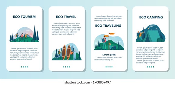 Eco tourism and eco traveling mobile application banner set. Eco friendly tourism in wild nature, Hicking and canoeing. Tourist with backpack and tent. Vector illustration.