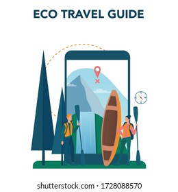 Eco tourism and eco traveling online service or platform. Eco friendly tourism in wild nature guide or novigator gps. Hicking and canoeing. Vector illustration.