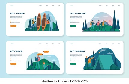 Eco tourism and eco traveling web banner or landing page set. Eco friendly tourism in wild nature, Hicking and canoeing. Tourist with backpack and tent. Vector illustration.