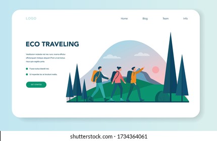 Eco tourism and eco traveling web banner or landing page. Eco friendly tourism in wild nature, Hicking and canoeing. Tourist with backpack and tent. Vector illustration.