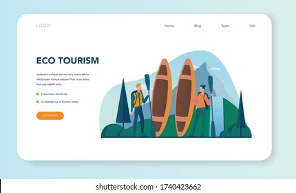 Eco tourism and eco traveling web banner or landing page. Eco friendly tourism in wild nature, Hicking and canoeing. Tourist with backpack and tent. Vector illustration.