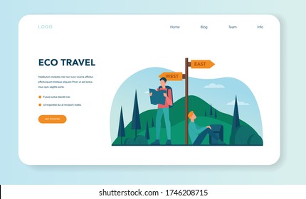 Eco tourism and eco traveling web banner or landing page. Eco friendly tourism in wild nature, Hicking and canoeing. Tourist with backpack and tent. Vector illustration.