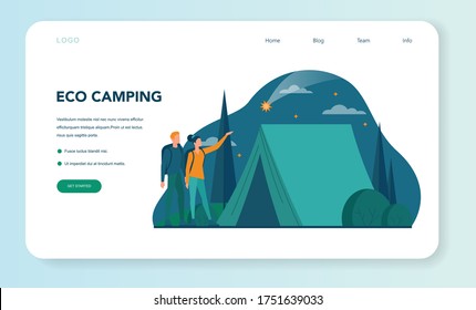 Eco tourism and eco traveling web banner or landing page. Eco friendly tourism in wild nature, Hicking and canoeing. Tourist with backpack and tent. Vector illustration.