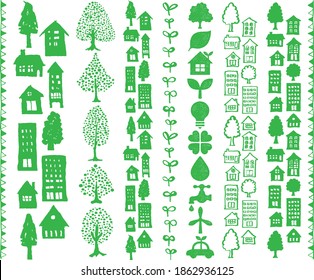 Eco ciudad e icono ecológico. Conjunto de ilustraciones ecológicas. líneas verticales.