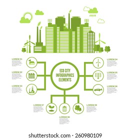Eco town infographic set with green ecosystem elements and arrows vector illustration