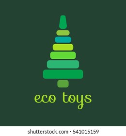 Eco toys. Icon, logo wooden pyramid in form of tree for kids. Vector illustration. Symbol of health care. Natural materials