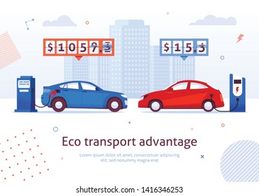 Eco Transport Advantage. Petrol Auto Versus Electric Car Vector Illustration. Financial Economy Money Savings. Electric Charging Station Vs Gasoline. Alternative Ecological Transport