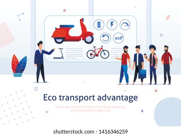 Eco Transport Advantage. Salesman Presentation to Cartoon People Bike Electric Scooter E-bike Benefit Vector Illustration. Ecological Green Technology. Environment Protection Choice