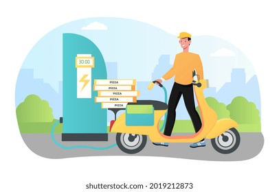 Eco transport battery charging to get ready to deliver pizza. Online e-commerce food order. Modern vehicle. Flat cartoon vector illustration concept web banner design isolated on white background