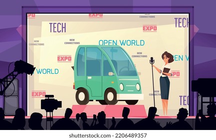 Eco transport cartoon poster with electic car presentation vector illustration