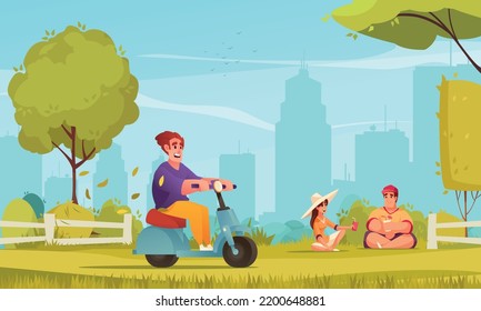 Eco transport cartoon poster with man on electric scooter in public park vector illustration