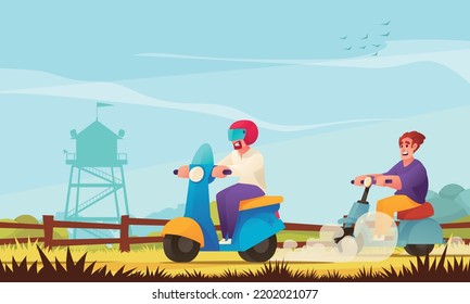 Eco transport cartoon poster with young men on electric scooters on country road vector illustration