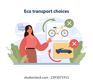 Eco Transport Choices concept. Woman highlights a bicycle as a green option while rejecting the car. Embracing eco-friendly mobility for a sustainable future. Flat vector illustration