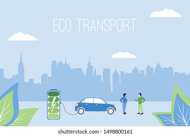 Eco transport concept. The electric car is charged from a battery and people on a background of a city. Vector illustration in flat style with leaves in a corners. Template for banner or landing page.