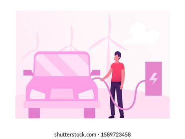 Eco Transport Concept. Man Charging Electric Car on Background with Wind Mills for Green Power Production. Environment Protection, Ecology Sustainability, Clean Air. Cartoon Flat Vector Illustration