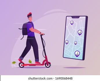 Eco transport concept. Rent and ride electrical scooter. Cartoon vector illustration. Cool young character. Urban activity. Location and tracking on smartphone