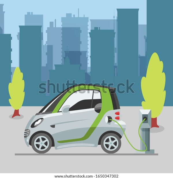 Eco transport e-car ecological\
electromobile in city web vector template. Electric auto with\
battery powered e-car on urban landscape with skyscrappers. Eco\
innovation in\
transportation.