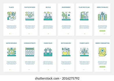 Eco transport, ecology environment green technology vector illustration. UX, UI onboarding mobile app page screen set with line science renewable biotechnology, hydroelectric power, recycling plant