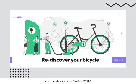 Landing Page Template für Öko-Verkehr, Umweltschutz und gesunde Lebensweise. Menschen, die Elektro-Fahrradreifen aufladen und pumpen. Charaktere benutzen E-Bicycle für Reisen und Sport Leben. Illustration der linearen Vektorillustration