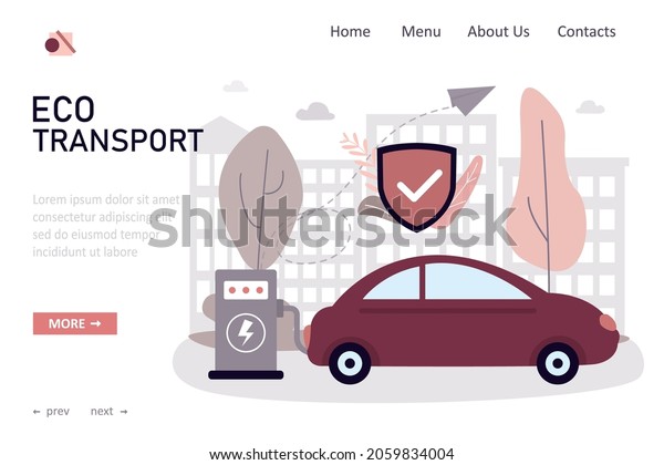 Eco transport. Electric car charging at\
charger station. Electrified future transportation e-motion.\
Reduction of air emissions. Care for environment. Template, landing\
page. Flat vector\
illustration