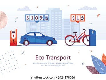 Eco Transport. Electric Car and E-bike Charging Station Vector Illustration. Low Recharge Battery Price. Green Ecological Vehicle. Alternative Transport. Money Economy Savings. Environment Protection