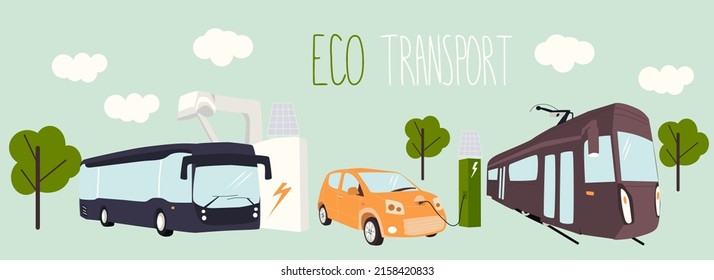 eco transport, electric vehicle charging station with solar panels, flat vector illustration. Electromobile, tram and city public bus. Green energy.