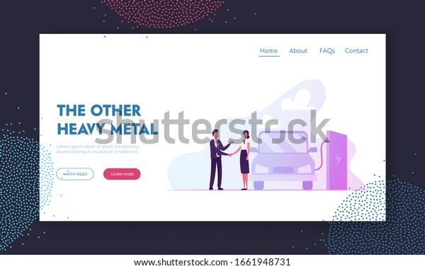 Eco Transport with Electricity Power Website\
Landing Page. Woman and Man Shaking Hands at Charging Electric Car\
with Lithium Battery. Green Technology Web Page Banner. Cartoon\
Flat Vector Illustration