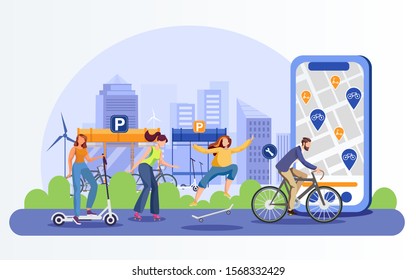 Eco transport flat illustration. People with modern city transportation cartoon characters. Kick scooter, roller skates, skateboard, bicycle. Active youth with ecological vehicles on street