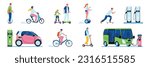 Eco transport flat set with any age people riding on bicycle gyro scooter segway skateboard isolated vector illustration