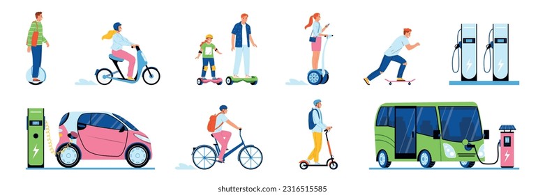 Eco transport flat set with any age people riding on bicycle gyro scooter segway skateboard isolated vector illustration