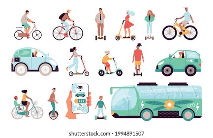 Eco transport flat set with scooter bike moped skate electric car and bus isolated vector illustration