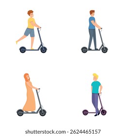 Eco transport icons set cartoon vector. Man and woman riding electric scooter. Urban transportation