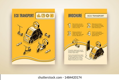 Eco transport isometric banner and brocure set templates, electric car charging, bicycle, hoverboard, bike, scooter and skateboard ecological friendly transportation, city vehicles 3d vector, line art