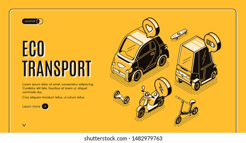 Eco transport isometric landing page, electric car, bicycle, hoverboard, bike, scooter and skateboard ecological friendly transportation, city vehicles 3d vector illustration, web banner, line art