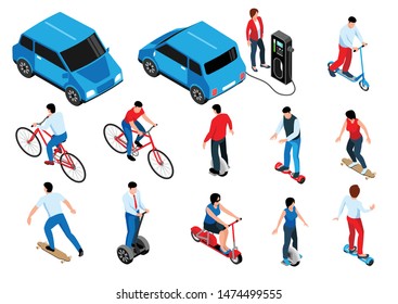 Eco Transport Isometric Set Of People On Bike Eco Scooter Segway Gyro Skateboard Longboard Isolated Vector Illustration