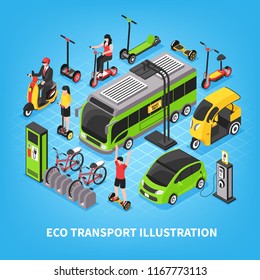 Eco transport isometric vector illustration with city bus electric cars bicycle parking people riding gyro and scooter  