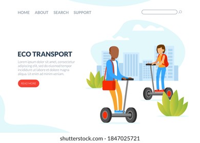 Eco Transport Landing Page Template, People Riding Hoverboards on City Street Outdoors Vector Illustration