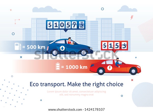 Eco\
Transport. Make Right Choice. Electric Engine Car Petrol Motor Auto\
Comparison Vector Illustration. Ecological Automobile Advantages.\
Save Money Financial Economy. Gasoline\
Price