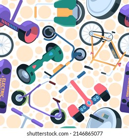 Eco transport pattern. Urban electro bykes monowheel gyro scooter garish vector colored seamless background