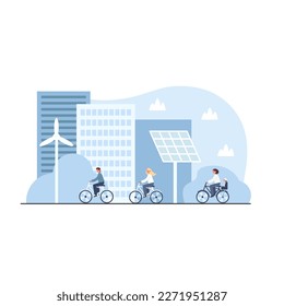 Eco transport and renewable energy in clean town. People on bicycles under windmills and panels. Eco friendly city. Greenhouse effect prevention. Color vector graphic, flat art, cartoon illustration