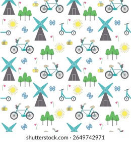 Bicicleta sem emenda do padrão do transporte Eco, Scooter, moinho de vento e ícones da natureza vetor