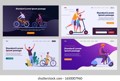 Eco transport set. People riding bikes, electric, kick scooter. Flat vector illustrations. Lifestyle, activity, transportation concept for banner, website design or landing web page